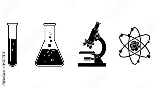 Scientific illustrations of laboratory equipment and atomic structure