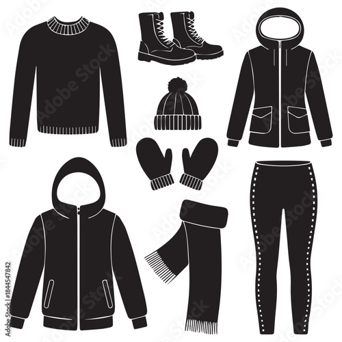 Vector illustration of a clothing set featuring shirts, jackets, dresses and pants for men and women