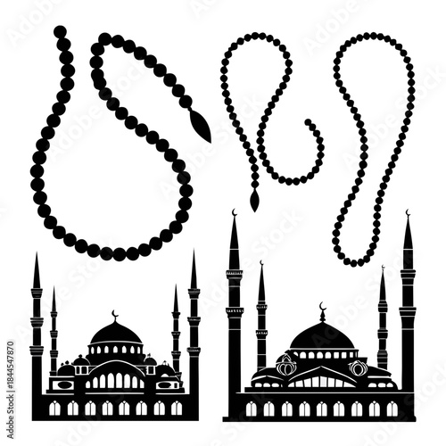 Islamic prayer beads and mosque silhouettes tasbih 1