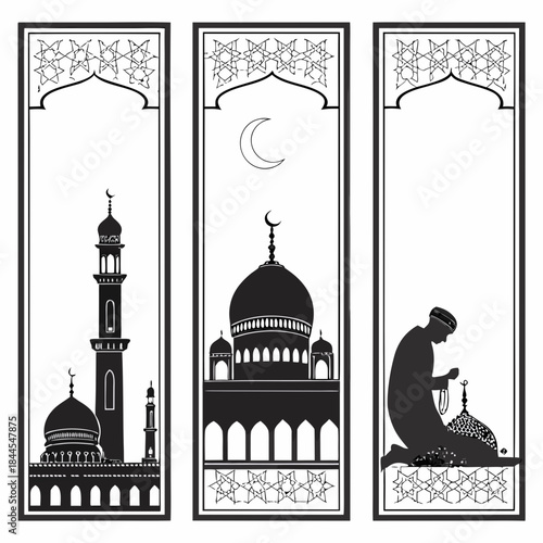 Islamic prayer rug border designs with mosque and worshipper