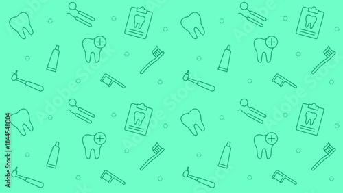 Seamless dental care pattern with line icons of teeth, toothbrushes, and dental tools on a mint green background, ideal for oral health, dentistry services, hygiene education, and medical design
