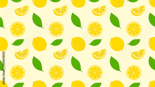 Seamless lemon pattern with fresh yellow lemons, lemon slices, and green leaves on a light background, expressing freshness, summer mood, and natural fruit themes for food, beverage