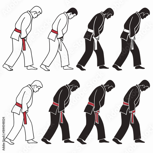 Martial arts figures bowing in black and white with red belts
