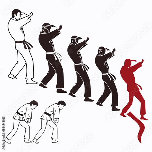 Martial arts belt progression silhouettes in black white and red