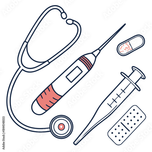 Medical equipment icons stethoscope thermometer syringe capsule bandage