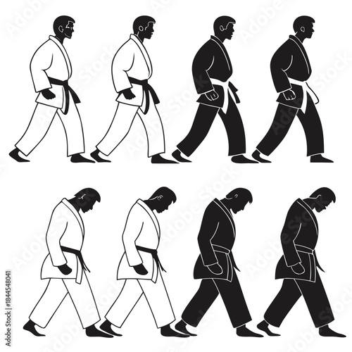 Martial arts figures walking in silhouette karate judo