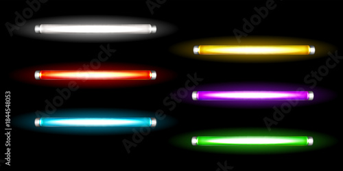 Set of Six Glowing Fluorescent Light Tubes in Vibrant Colors on Black Background for Sci-Fi and UI Design