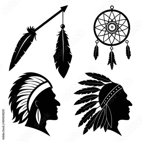 Native american cultural icons feather dreamcatcher silhouettes