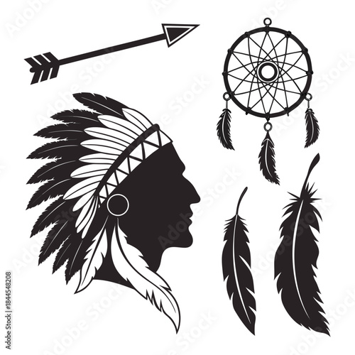 Native american cultural symbols silhouette set feather