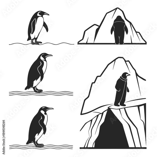 Penguin silhouettes on ice and water iceberg