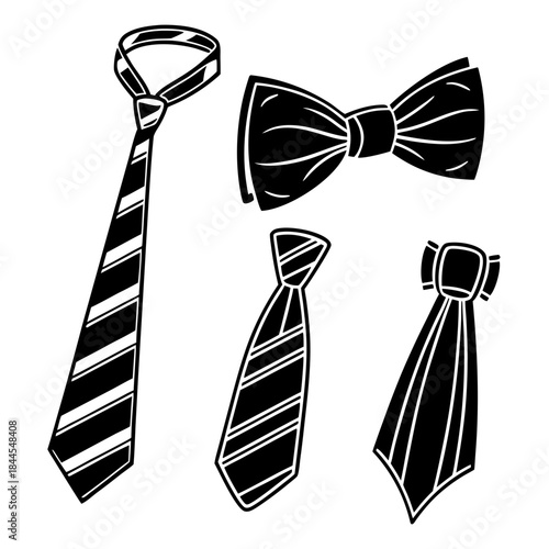 Set of 4 black and white striped ties and bowties necktie