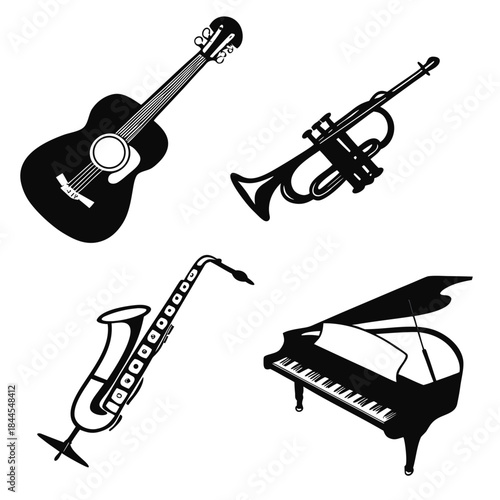Set of 4 black musical instrument silhouettes guitar