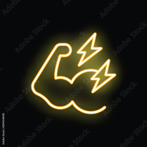 Neon sign illustrating a biceps flexing showing strength with lightning bolts