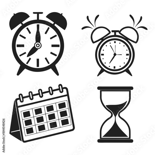 Set of 4 black silhouette icons for time and calendar