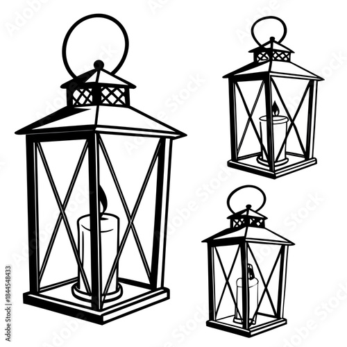 Set of 4 hanging lantern silhouettes with candles metal