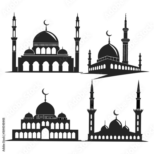 Set of 4 Islamic mosque silhouettes with domes and minarets