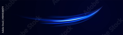 Abstract Blue Light Streak with Glowing Curved Lines and Motion Effect on Dark Background for Futuristic Design
