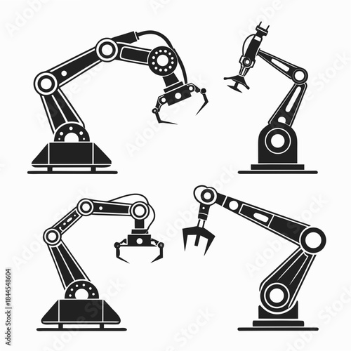 Set of 5 Black Robotic Arms with Various Grippers industrial robot