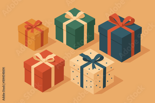 A wonderful festive illustration with a variety of gift boxes! Created in a modern flat style with a slight isometric effect (3D-like tilt).