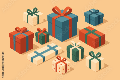 A wonderful festive illustration with a variety of gift boxes! Created in a modern flat style with a slight isometric effect (3D-like tilt).