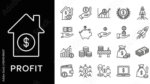 Collection of business and finance icons with house symbolizing profit and rocket symbolizing success