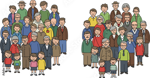Group comparison illustration, diverse cartoon people graphic, visual puzzle artwork, cheerful character set design, educational activity visual