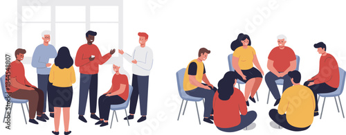 Group discussion illustration, casual meeting character graphic, support circle artwork, collaborative communication design, cartoon community visual set