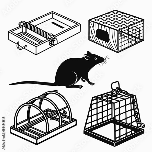 Set of 6 black and white animal traps and cages silhouette