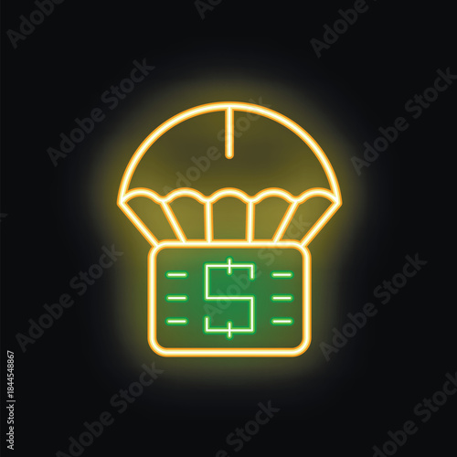 Neon sign representing a safe investment with a dollar symbol protected by a parachute, symbolizing financial security and growth