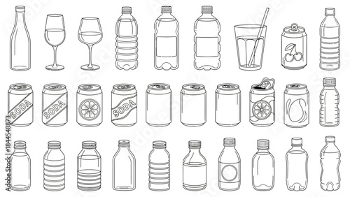 Sleek and versatile collection of outline vector icons showcasing a wide range of beverage bottles, cans, and glasses for modern packaging design and drink-themed graphic elements