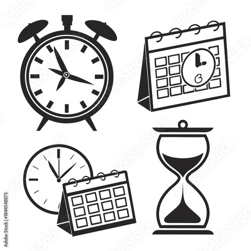 Set of 6 calendar and time icons alarm clock hourglass