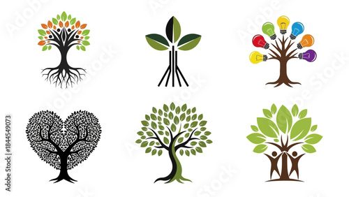 A contemporary compilation of vector tree logos illustrating concepts of growth, wisdom, unity, and environmental consciousness, ideal for modern branding and digital design elements 