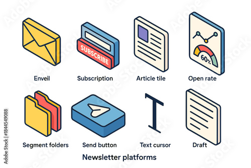 Set of Isometric Icons Representing Email Subscription Newsletter Dashboard Article Send Button Cursor and Draft on a Dark Background Featuring Yellow Folders Red Accents and Blue Digital Elements