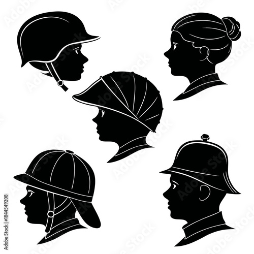 Set of 7 Black Silhouette Headwear and Head Profiles