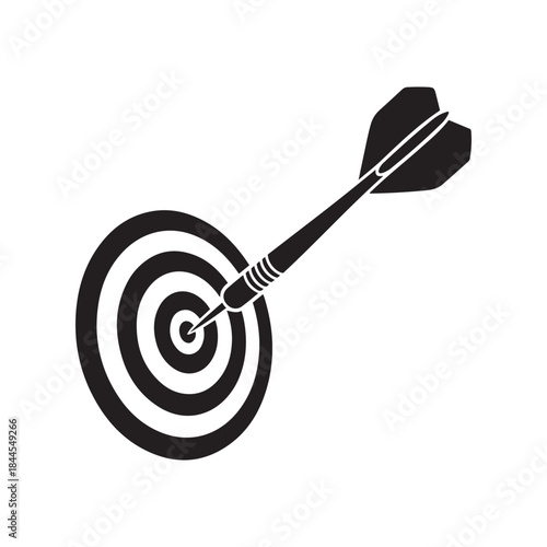 A black silhouette of a dart hitting the center bullseye of a target board illustration