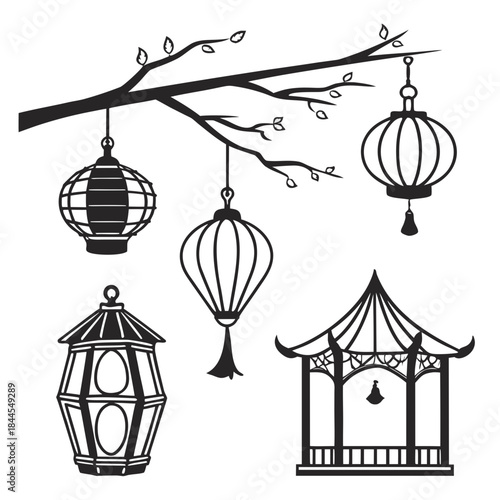 Set of 7 Festival Lantern Silhouette Styles hanging