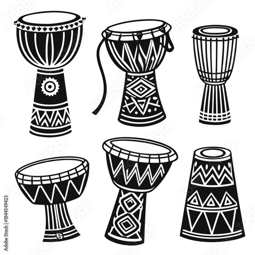 Set of 7 Tribal Drum Silhouettes with Geometric Patterns