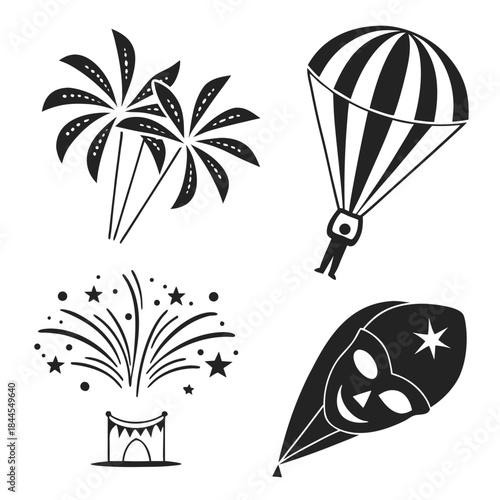 Set of 8 festival icons with balloons and fireworks