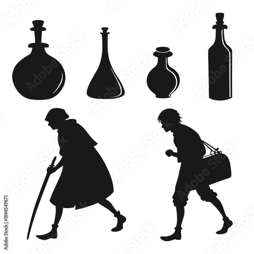 Set of 8 potion bottle silhouettes and two figures