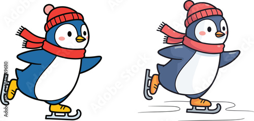 Ice skating penguin illustration, festive winter character graphic, Christmas activity artwork, cheerful seasonal design, cartoon holiday animal visual