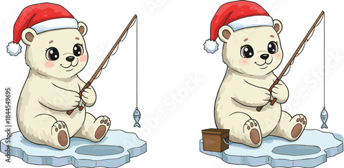 Ice fishing bear illustration, festive winter character graphic, Christmas activity artwork, cheerful seasonal animal design, holiday cartoon visual