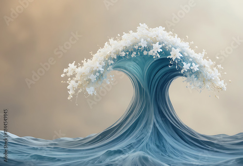 Fototapeta Naklejka Na Ścianę i Meble -  Blue wave with white flowers on crest ocean