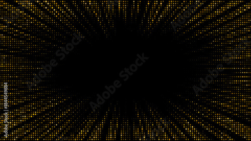 Luminous starburst radiates from center with halftone pattern, shimmering particles, and radiant rays creating luxurious festive atmosphere on textured backdrop with sparkle elements