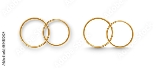 Two elegant gold wedding rings with realistic metallic shine, perfect for marriage invitations, bridal jewelry concepts, or romantic anniversary designs on white background