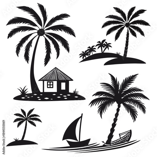 Set of black silhouettes tropical island scenes with palm trees hut and boat