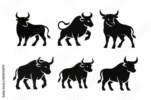 Vector Black Bull Silhouette Icon set – Taurus Zodiac Symbol, Ox Mascot, Isolated Animal Graphic