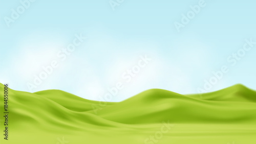 Green Hills Landscape With Sky and Nature Field Grass. Sun Warm Peaceful Scenery Outdoors. Vector Illustration Background