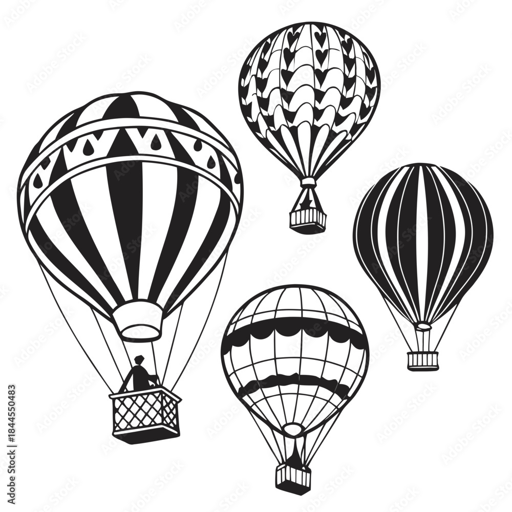 Obraz premium Set of five black and white hot air balloon silhouettes
