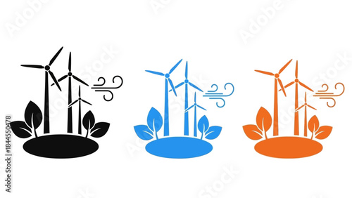 Modern Wind Turbine Icons Symbolizing Renewable Energy, Clean Power Generation, and Sustainable Technology with Eco-Friendly Leaves and Dynamic Wind Elements