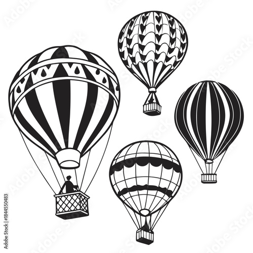 Set of five black and white hot air balloon silhouettes